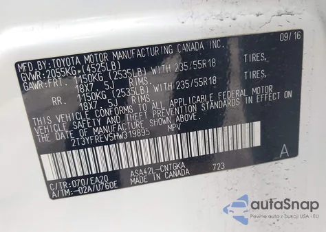 2017 Toyota Rav4 Platinum z USA, uszkodzony, nr VIN 2T3YFREV5HW319895